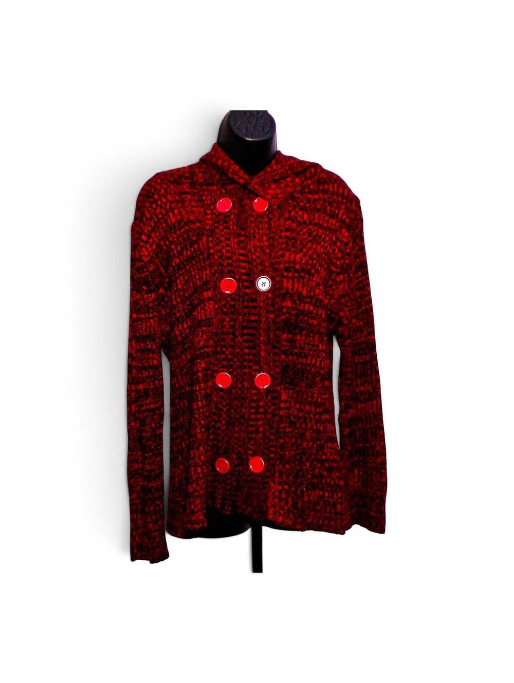Hype Double-Breasted Hooded Knit Cardigan3X Red Black